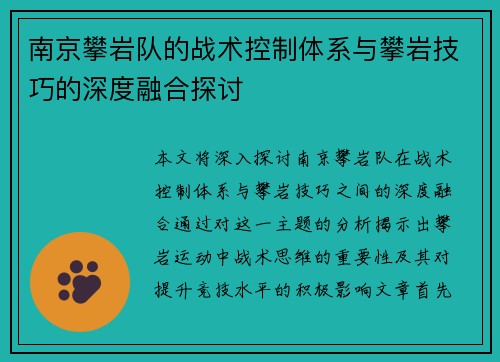 南京攀岩队的战术控制体系与攀岩技巧的深度融合探讨